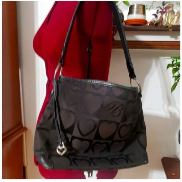 Brighton black canvas hearts Jenelle hobo shoulder tote euc - Picture 1 of 11